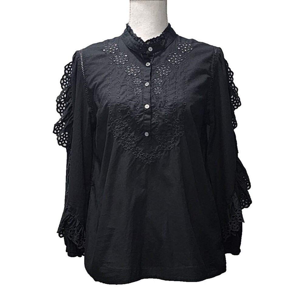 J. Crew Ruffle Sleeve Top Cotton Black Embroidered Eyelet Women's Sizes Small